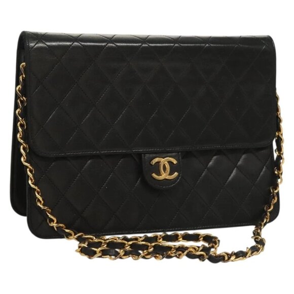 CHANEL Matelasse Chain Shoulder Bag Lamb Skin Black Gold CC Auth 131347 - Picture 1 of 16